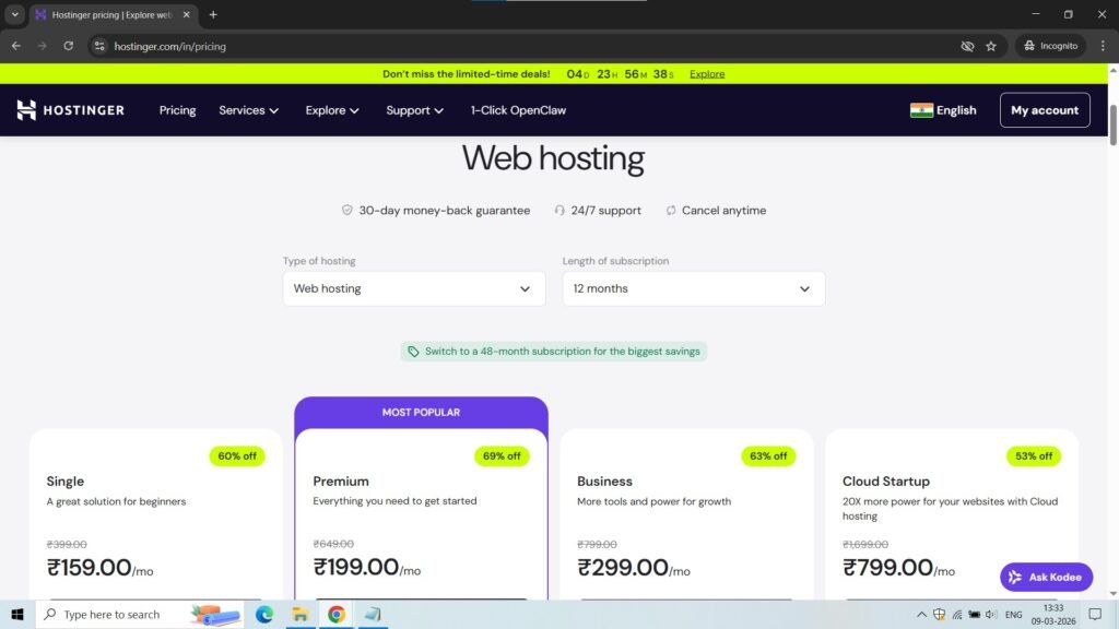 Screenshot of Hosting Plan